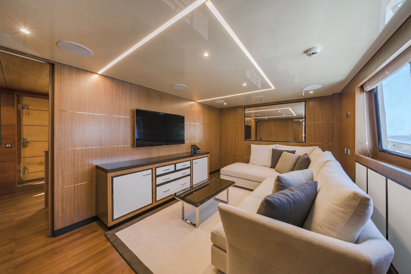 Upper deck lounge — entertainment centre with en-suite beyond